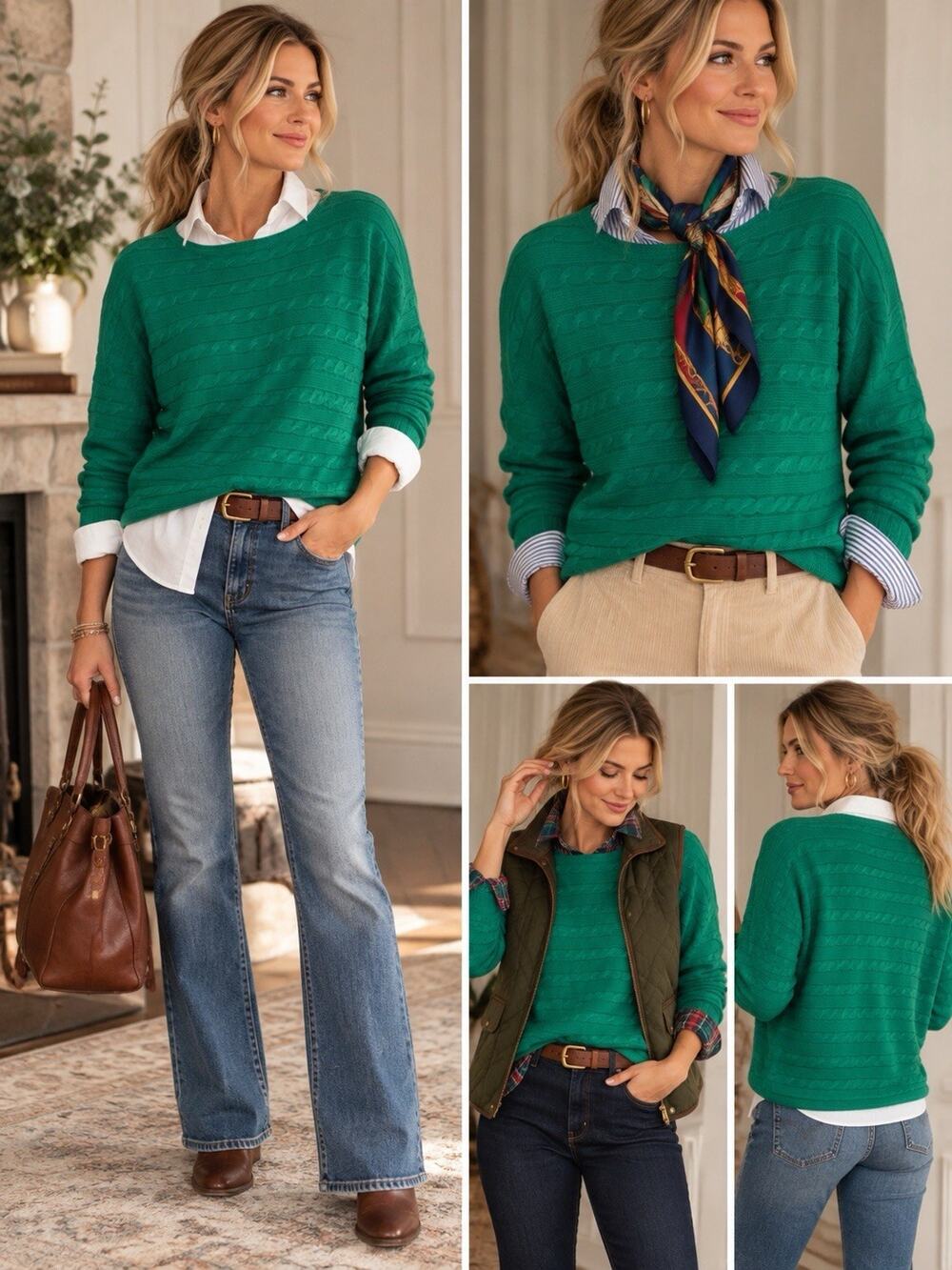 Lauren Ralph Lauren Women’s Sweater XL Green Cable Knit Boat Neck Pullover